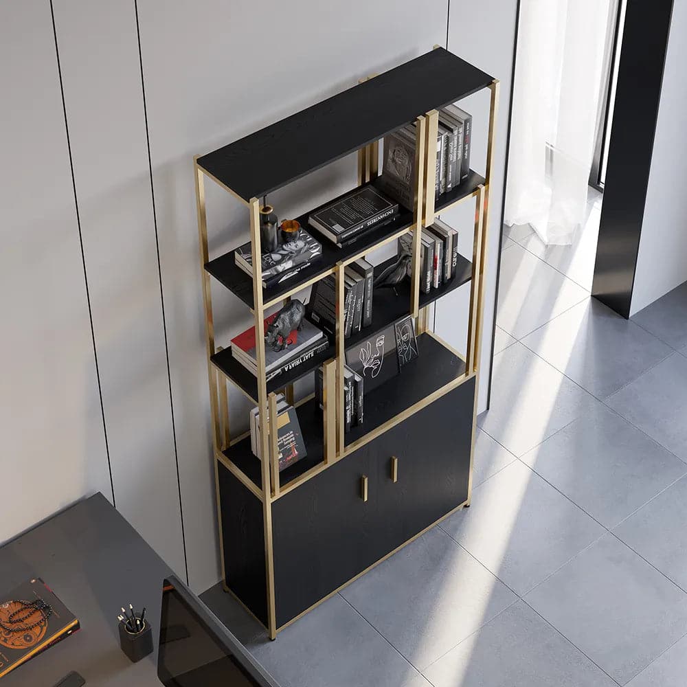 5-Tier Black Bookshelf with Doors Storage Cabinet Gold Frame#B