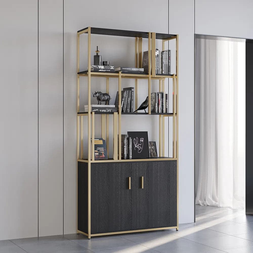 5-Tier Black Bookshelf with Doors Storage Cabinet Gold Frame#B