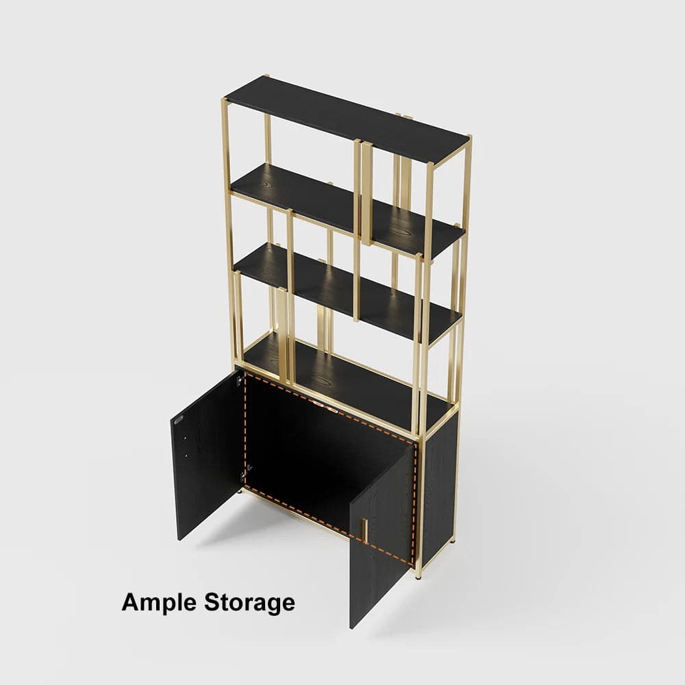 5-Tier Black Bookshelf with Doors Storage Cabinet Gold Frame#B