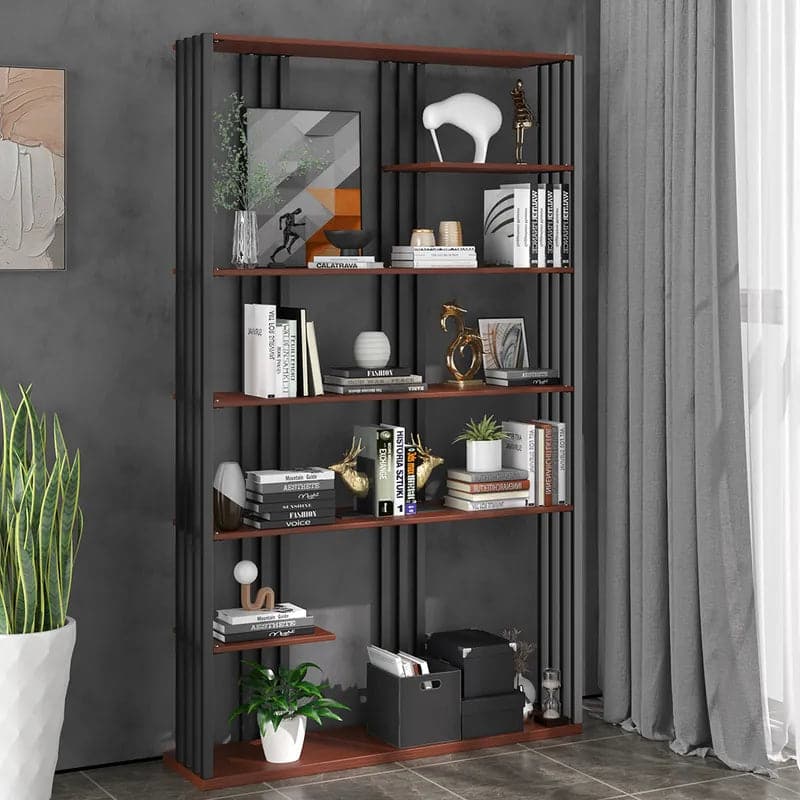 Industrial Black Walnut Etagere Bookshelf Display Shelving Tall Book Shelf in Steel