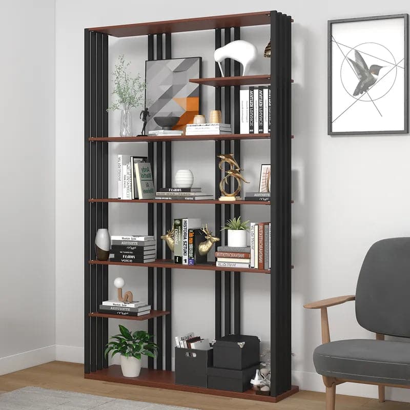 Industrial Black Walnut Etagere Bookshelf Display Shelving Tall Book Shelf in Steel