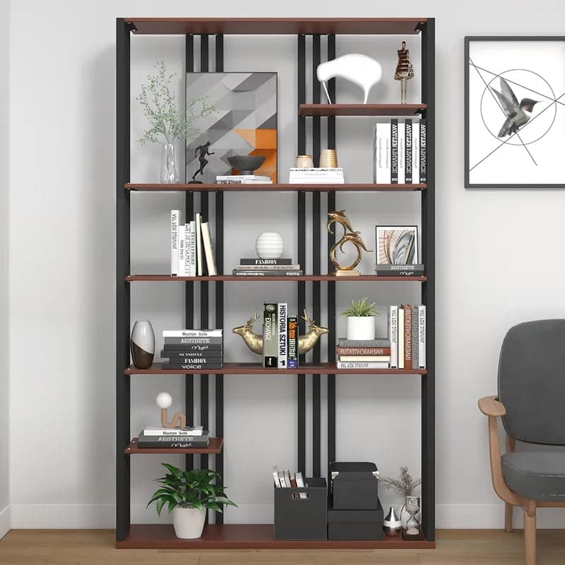 Industrial Black Walnut Etagere Bookshelf Display Shelving Tall Book Shelf in Steel