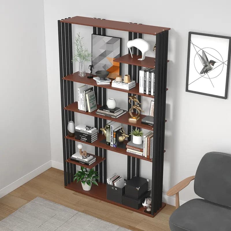 Industrial Black Walnut Etagere Bookshelf Display Shelving Tall Book Shelf in Steel