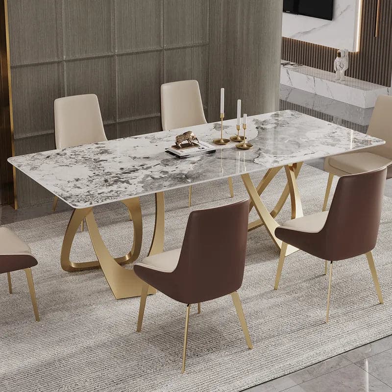 Table de salle à manger rectangulaire contemporaine de 79 po en or pour 8 personnes avec plateau en pierre frittée