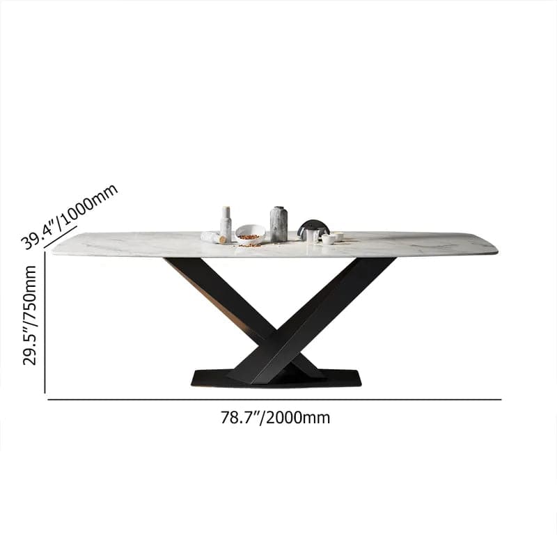 Table de salle à manger rectangulaire moderne en faux marbre blanc de 63 po/71 po/79 po avec base en X en métal