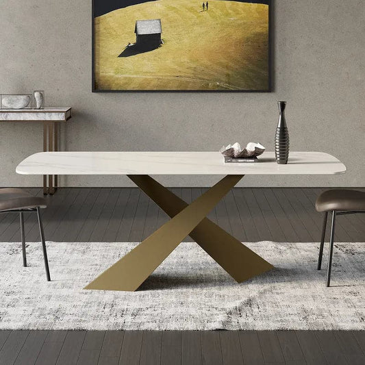 Table de salle à manger moderne rectangulaire pour 8 personnes, plateau en pierre frittée blanche de 79 pouces, base en X en laiton antique