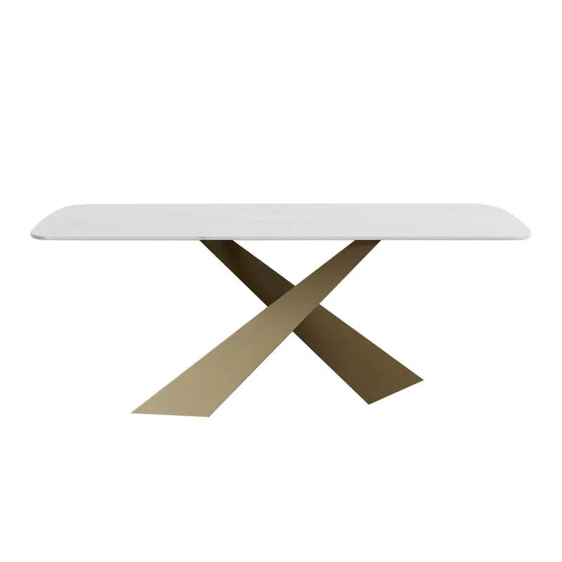 Table de salle à manger moderne rectangulaire pour 8 personnes, plateau en pierre frittée blanche de 79 pouces, base en X en laiton antique
