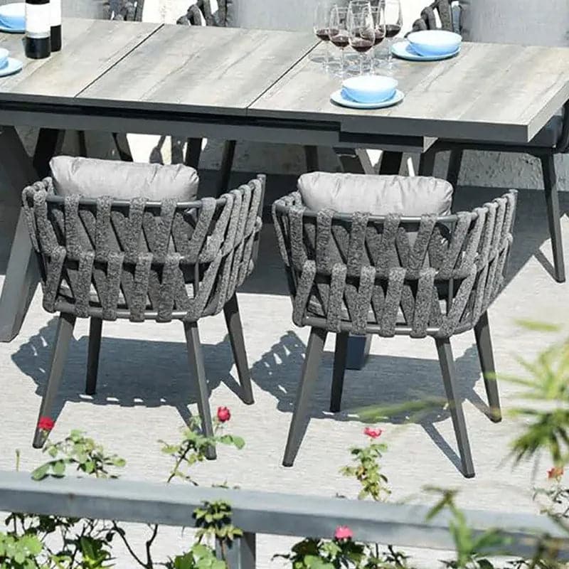 7 Pieces Aluminum Outdoor Dining Set with Extendable Ceramic Table and Woven Armchair#Gray