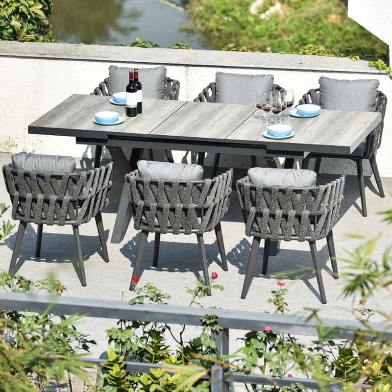 7 Pieces Aluminum Outdoor Dining Set with Extendable Ceramic Table and Woven Armchair#Gray