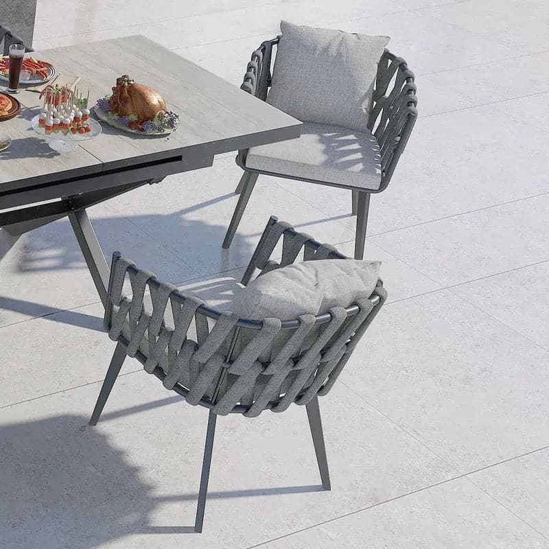 7 Pieces Aluminum Outdoor Dining Set with Extendable Ceramic Table and Woven Armchair#Gray