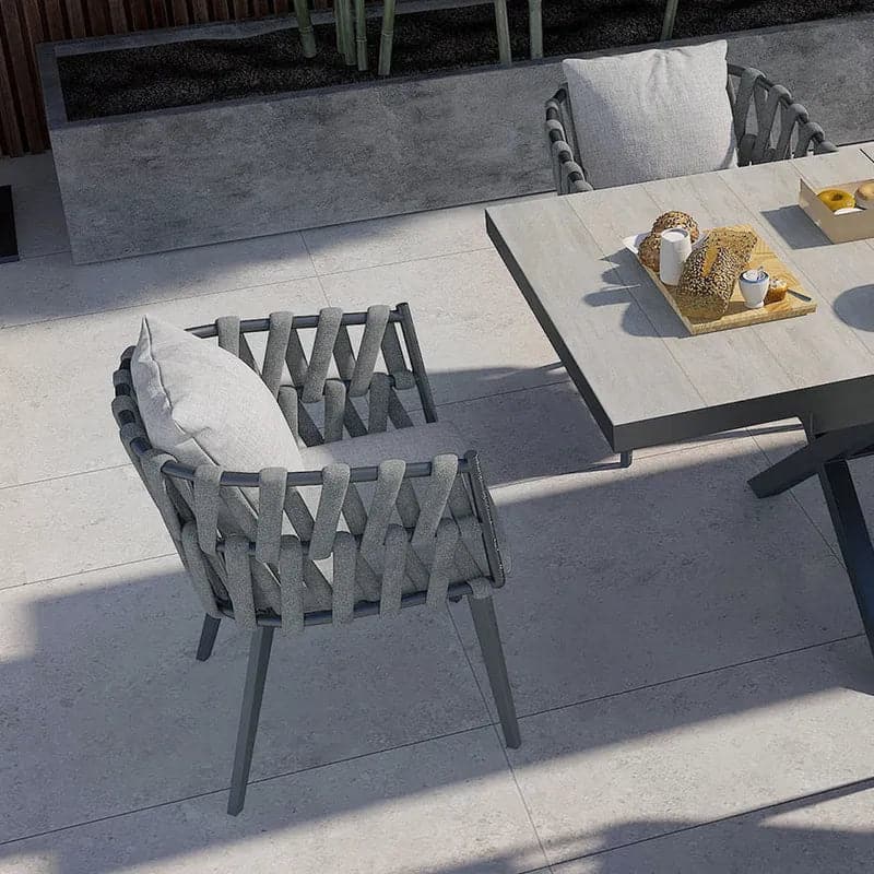 7 Pieces Aluminum Outdoor Dining Set with Extendable Ceramic Table and Woven Armchair#Gray