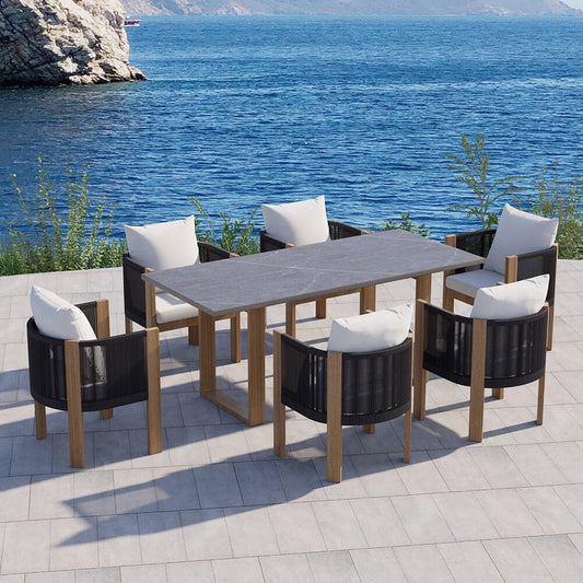 Ensemble de salle à manger d'extérieur moderne 7 pièces avec table en marbre et chaise en corde tressée en gris 