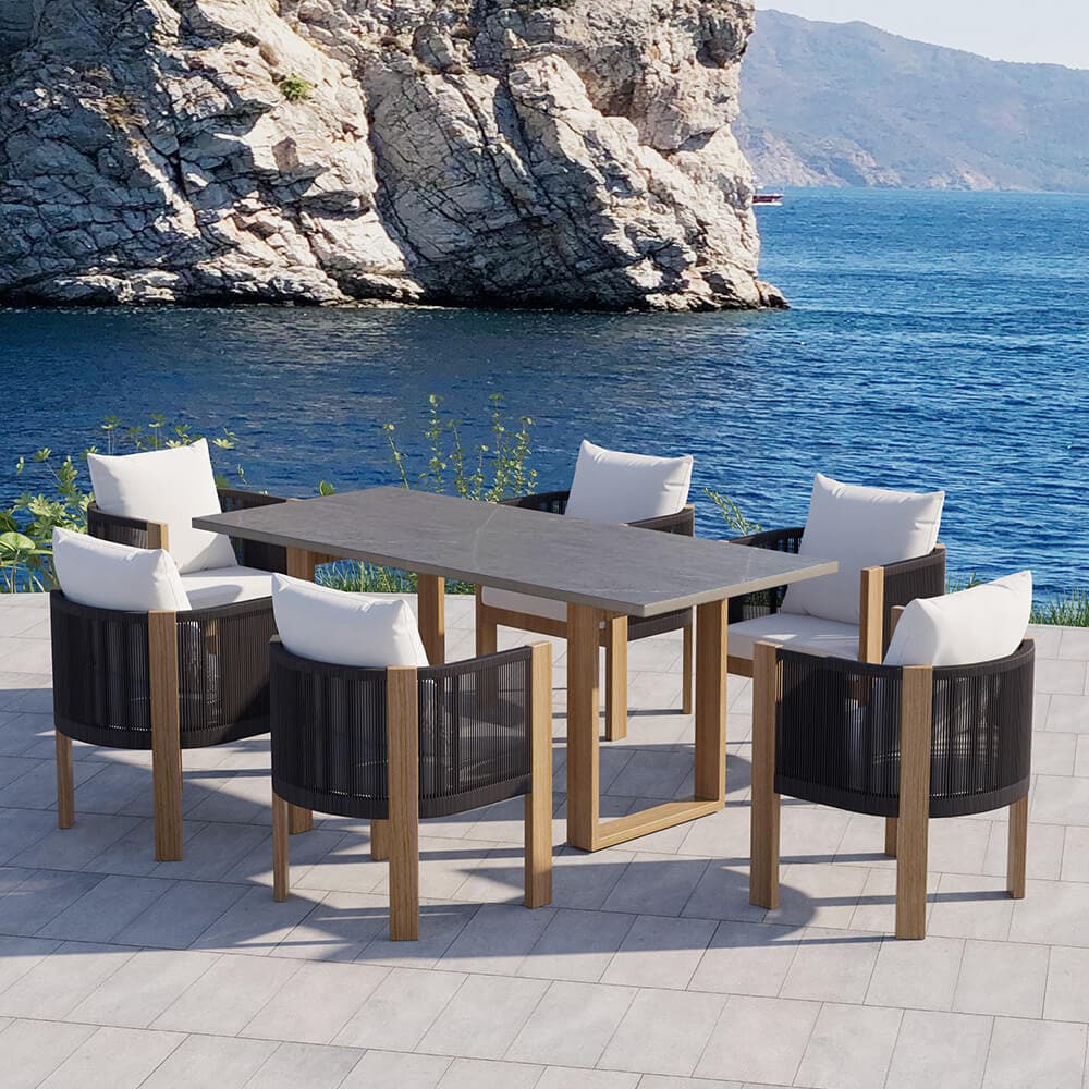 Ensemble de salle à manger d'extérieur moderne 7 pièces avec table en marbre et chaise en corde tressée en gris 