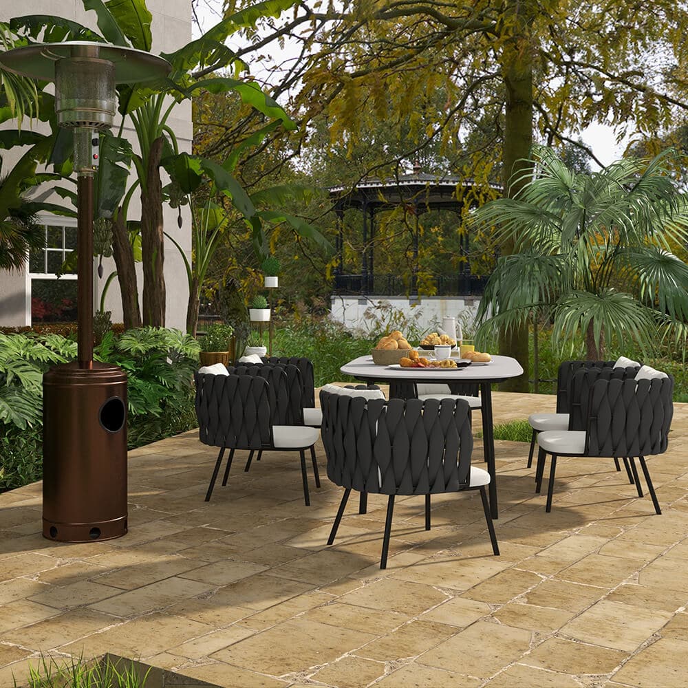 7 Pieces Outdoor Dining Set with Faux Marble Top & Aluminum Table and Rope Woven Chair