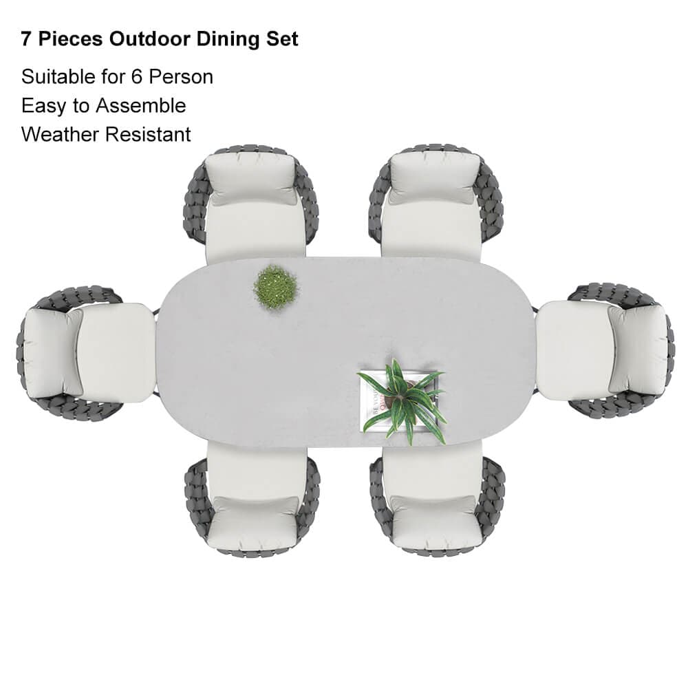 Ensemble de salle à manger d'extérieur 7 pièces avec plateau en faux marbre, table en aluminium et chaise tissée en corde