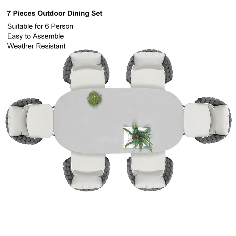 7 Pieces Outdoor Dining Set with Faux Marble Top & Aluminum Table and Rope Woven Chair