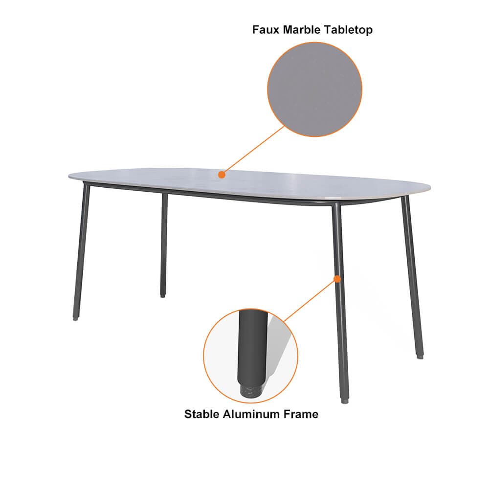 7 Pieces Outdoor Dining Set with Faux Marble Top & Aluminum Table and Rope Woven Chair