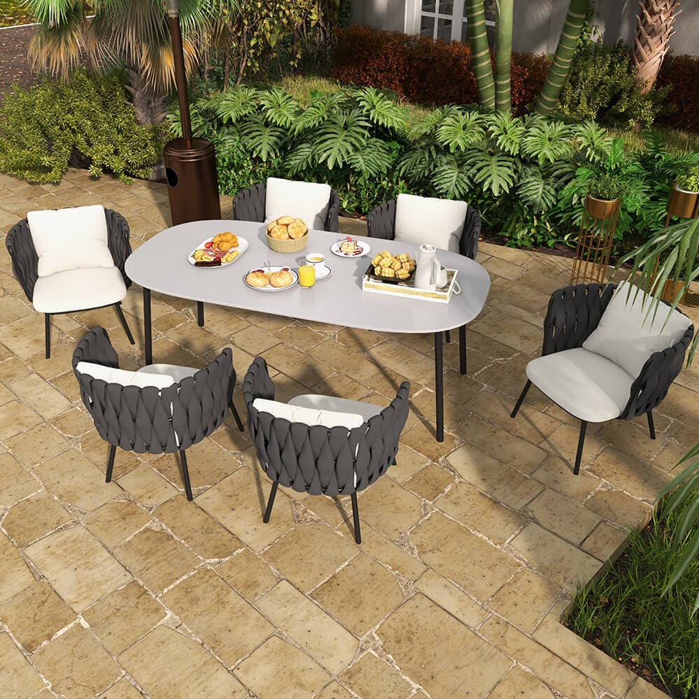 7 Pieces Outdoor Dining Set with Faux Marble Top & Aluminum Table and Rope Woven Chair