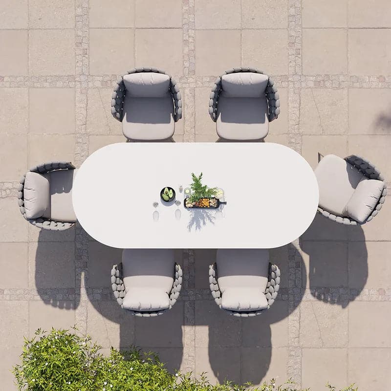 7 Pieces Outdoor Dining Set with Oval Faux Marble Top Table and Rope Woven Armchair