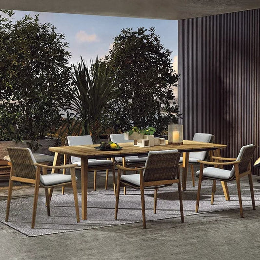 Ensemble de salle à manger de patio extérieur 7 pièces avec table et chaise en bois de teck en naturel et gris