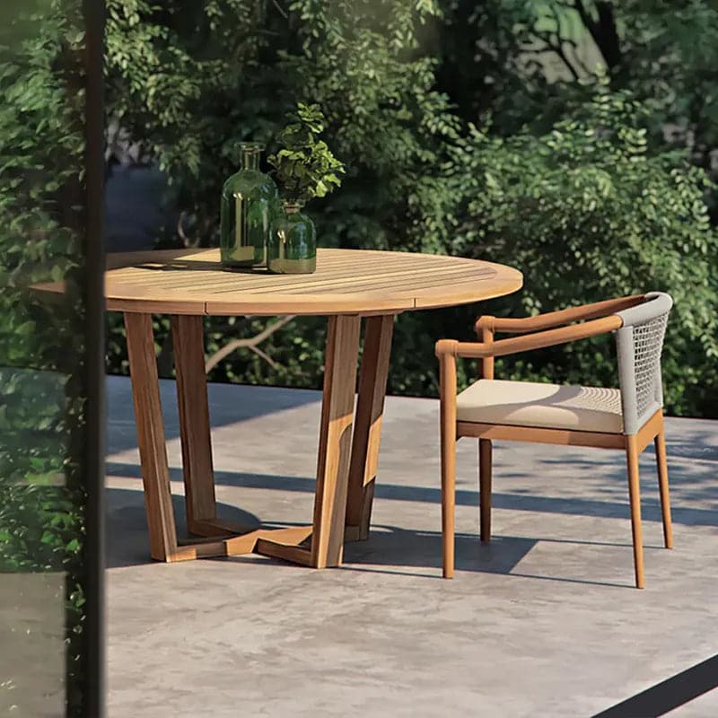Ensemble de salle à manger d'extérieur en teck 7 pièces, table à manger ronde en bois avec 6 chaises en naturel