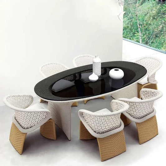 Ensemble de salle à manger d'extérieur traditionnel en aluminium, 7 pièces, avec Table ovale en verre, fauteuil en rotin