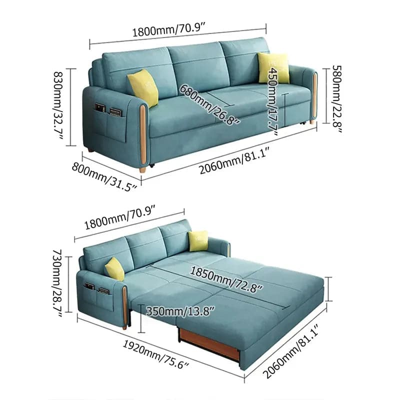 81.1" Blue Arm Full Sleeper Sofa Bed with Storage&Side Pockets