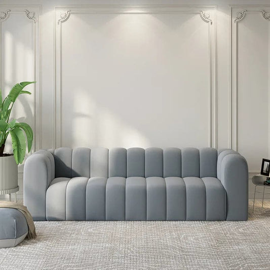 86.6" Modern Gray Velvet 3-Seater Sofa Channel Tufted Upholstered Luxury Solid Wood