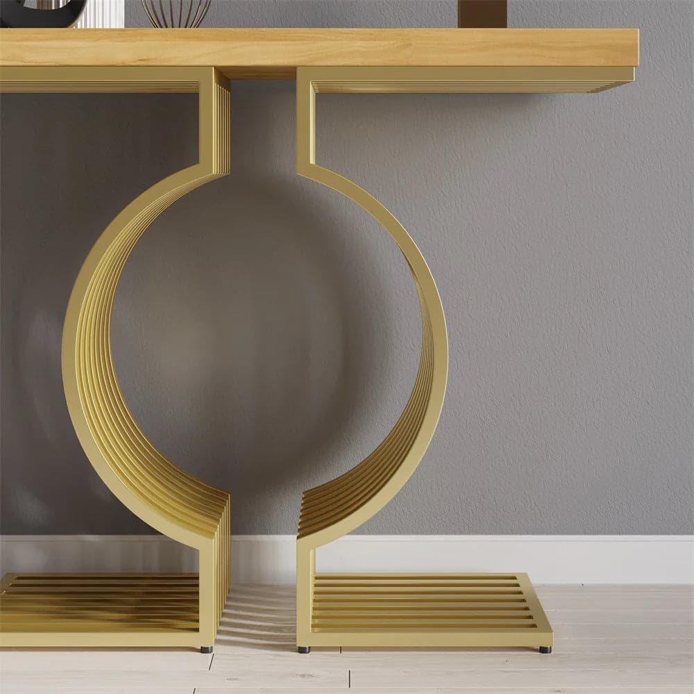 Modern Walnut Narrow Sofa Console Table with Geometric Metal Base in Gold