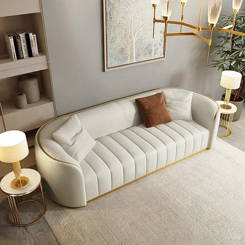 89 Modern Faux Leather Upholstered 3-Seater Sofa with Gold Legs#White