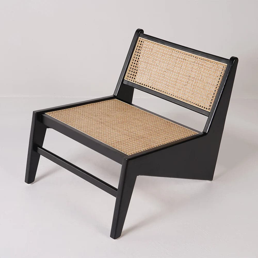 Japandi Black Rattan and Wood Lounge Chair Accent Chair for Living Room