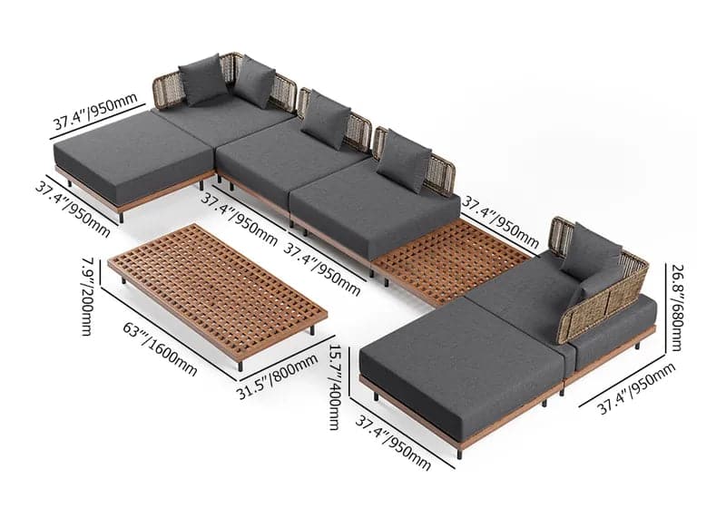 8Pcs Teak & Aluminum & Rattan Outdoor Sectional Sofa Set with Coffee Table and Cushion#S-Gray