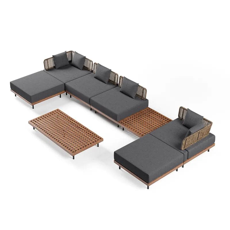 8Pcs Teak & Aluminum & Rattan Outdoor Sectional Sofa Set with Coffee Table and Cushion#S-Gray