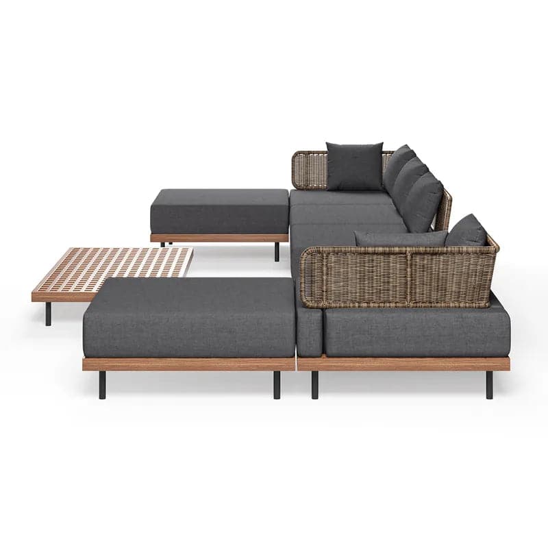 8Pcs Teak & Aluminum & Rattan Outdoor Sectional Sofa Set with Coffee Table and Cushion#S-Gray