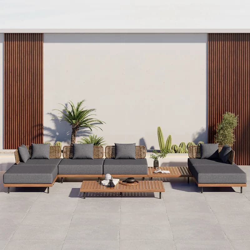 8Pcs Teak & Aluminum & Rattan Outdoor Sectional Sofa Set with Coffee Table and Cushion#S-Gray