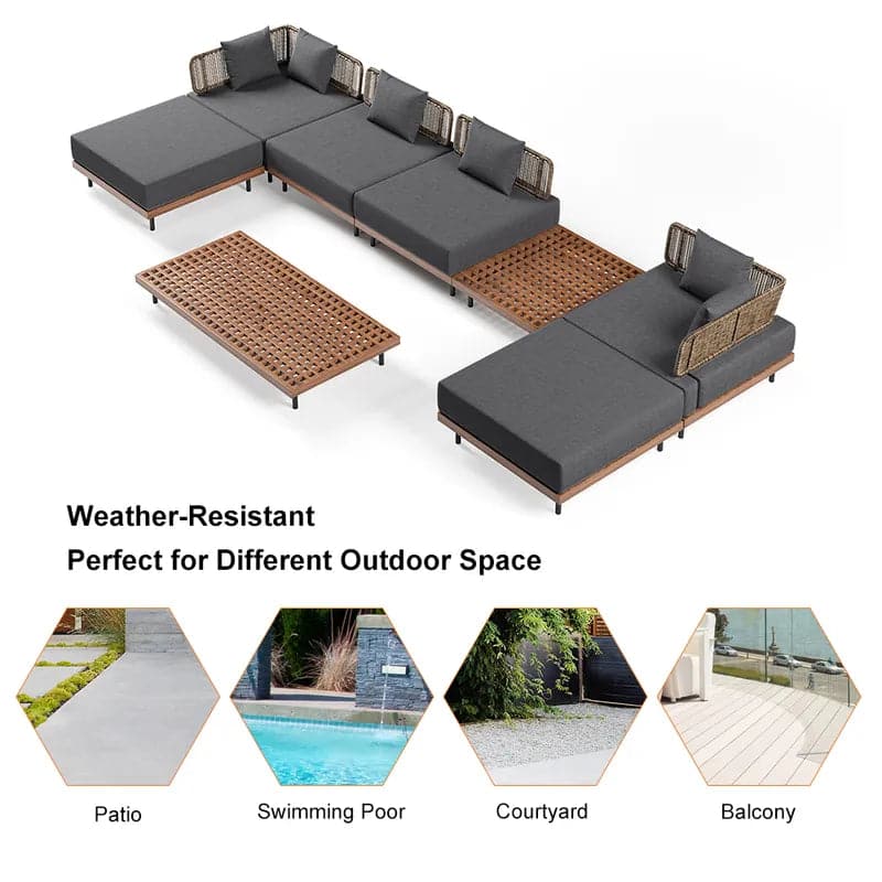 8Pcs Teak & Aluminum & Rattan Outdoor Sectional Sofa Set with Coffee Table and Cushion#S-Gray