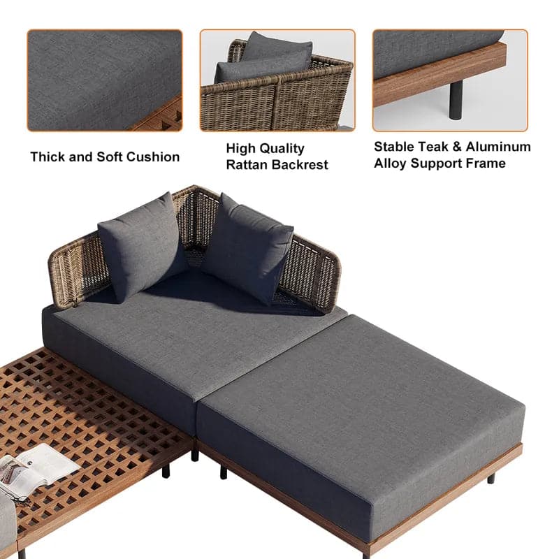 8Pcs Teak & Aluminum & Rattan Outdoor Sectional Sofa Set with Coffee Table and Cushion#S-Gray