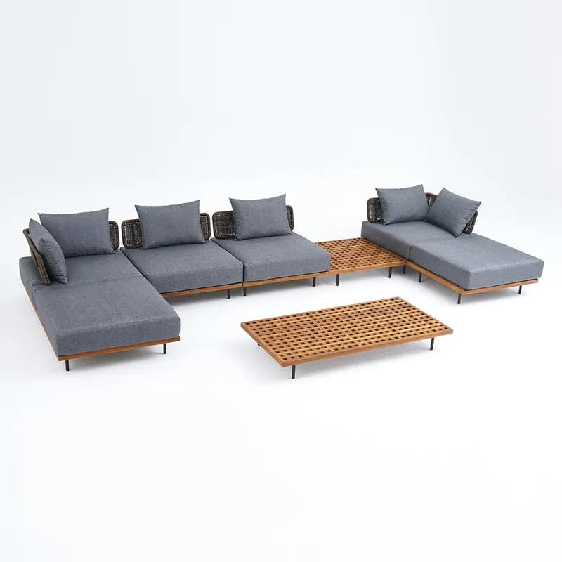 8Pcs Teak & Aluminum & Rattan Outdoor Sectional Sofa Set with Coffee Table and Cushion#S-Gray