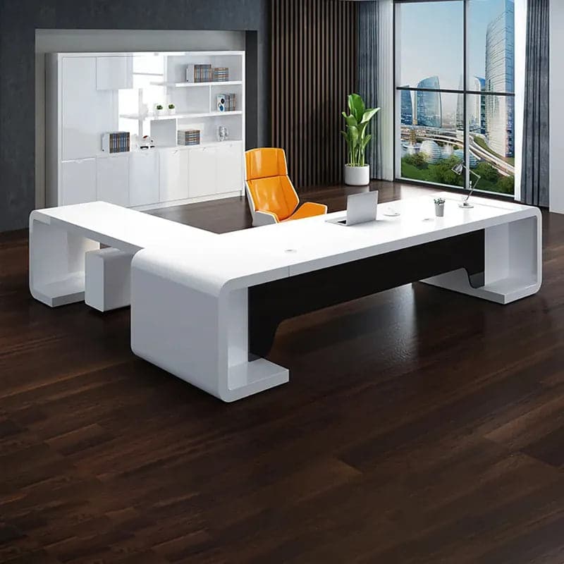 94.5 L-Shaped Modern Executive Desk of Left Hand/Right Hand with Drawers in White & Black#Right Hand