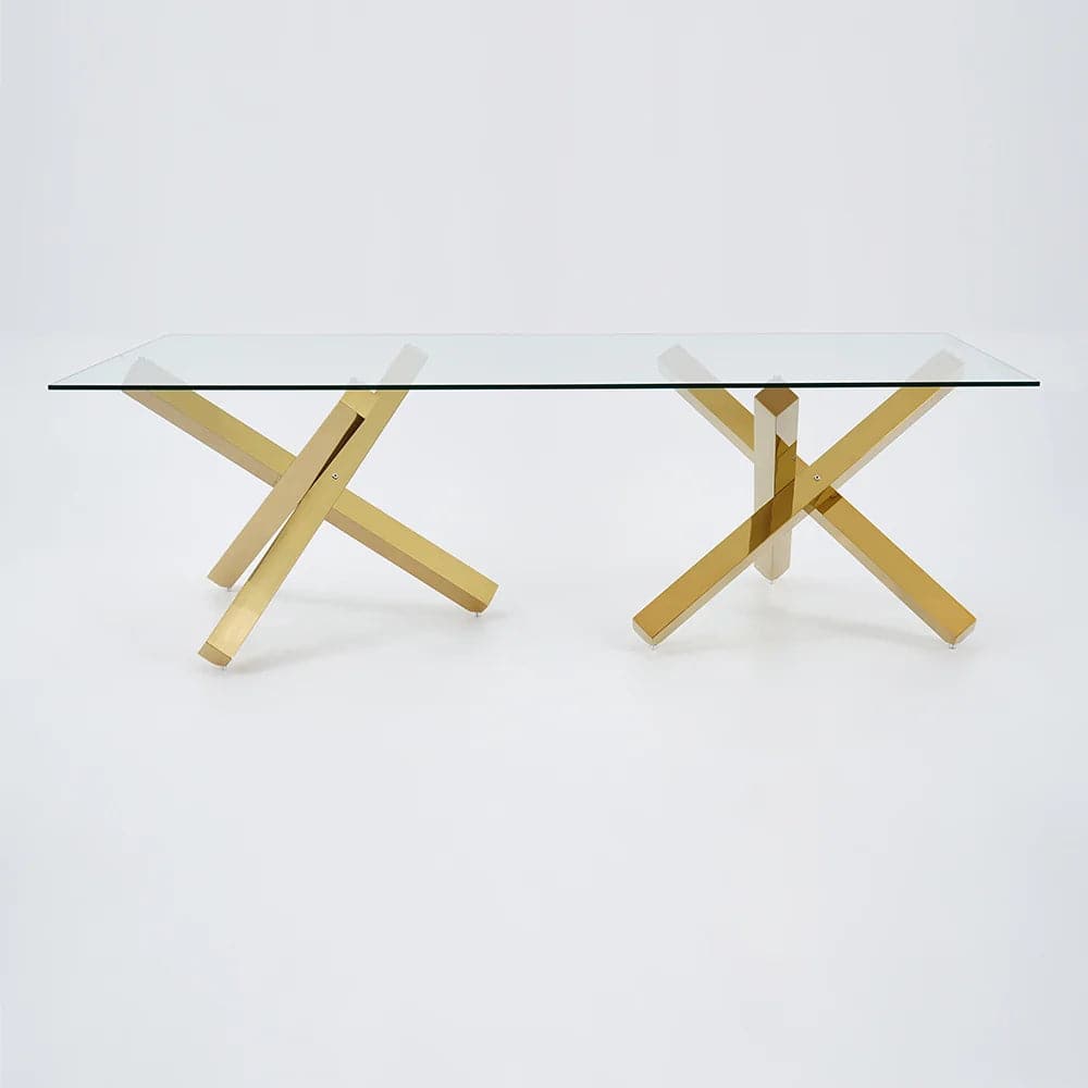 Table de salle à manger moderne en verre de 95 po avec double piédestal en or