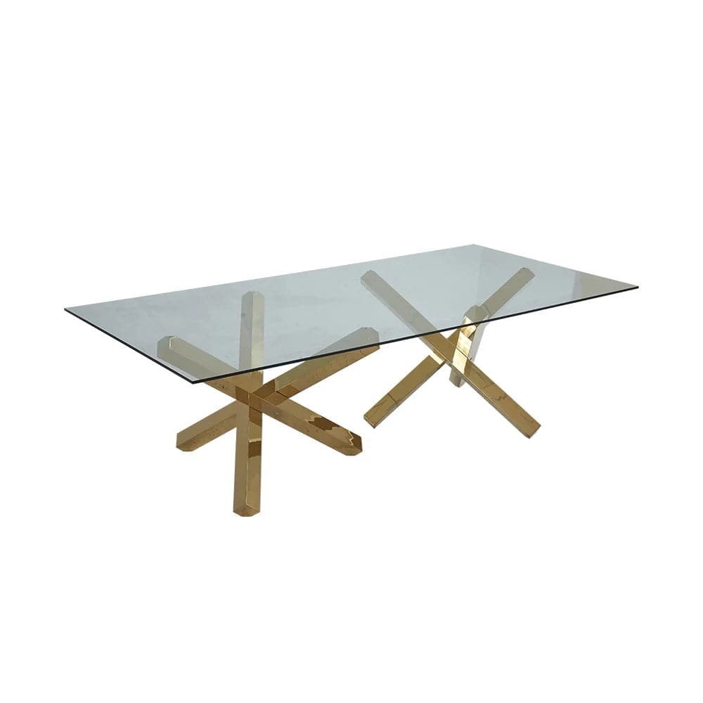 Table de salle à manger moderne en verre de 95 po avec double piédestal en or