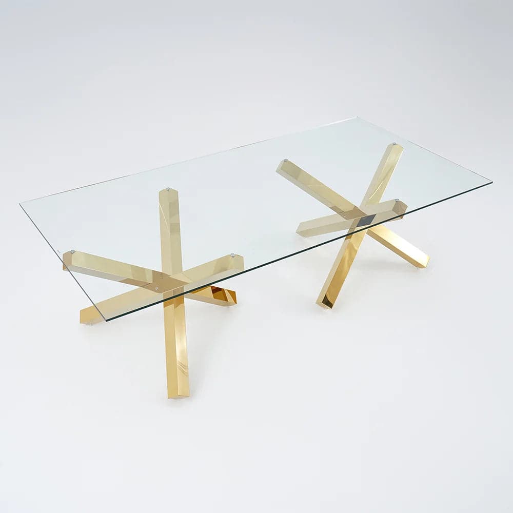 Table de salle à manger moderne en verre de 95 po avec double piédestal en or