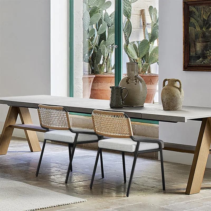Ensemble de salle à manger d'extérieur moderne du milieu du siècle, 9 pièces, Table en marbre et bois et chaise en rotin en aluminium
