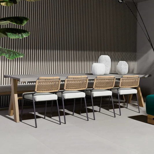 Ensemble de salle à manger d'extérieur moderne du milieu du siècle, 9 pièces, Table en marbre et bois et chaise en rotin en aluminium