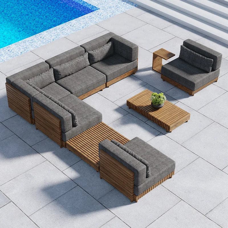 9 Pieces Teak Modular Outdoor Patio Sectional Sofa Set with Coffee Table and Cushion