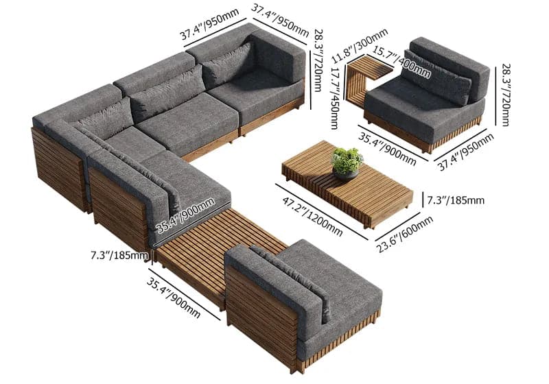 Ensemble de canapés modulaires pour patio extérieur, 9 pièces, en teck, avec table basse et coussin