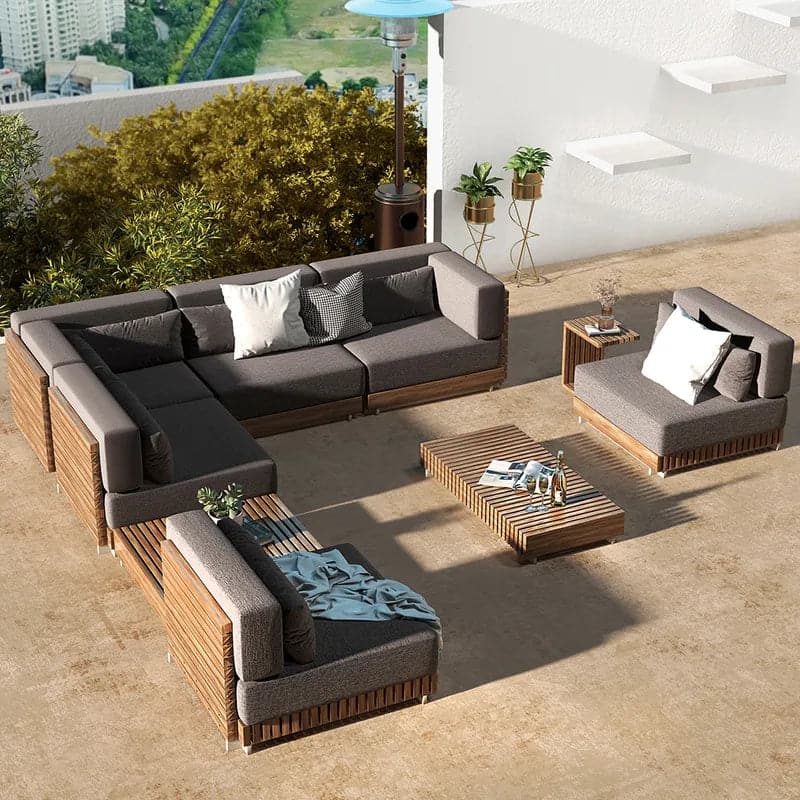 9 Pieces Teak Modular Outdoor Patio Sectional Sofa Set with Coffee Tab