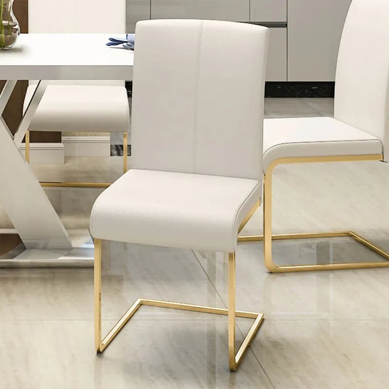 Modern Minimalist Upholstered White PU Leather Dining Chairs (Set of 2) Gold Metal Base#White