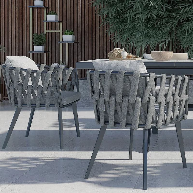 Fauteuil de chaise de salle à manger d'extérieur en aluminium et rotin avec coussin en gris (Ensemble de 2) 