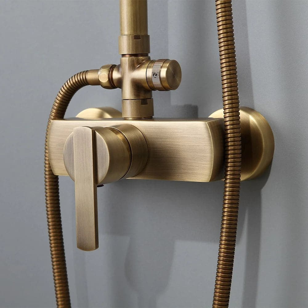 Antique Brass Exposed Wall Mount Shower System with 8" Rain Shower Head and Hand Shower